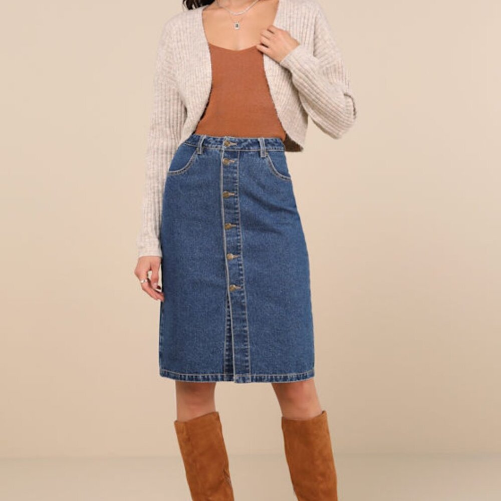 Lulus Admirable Attitude Medium Wash Denim Button-front Midi Skirt Blue